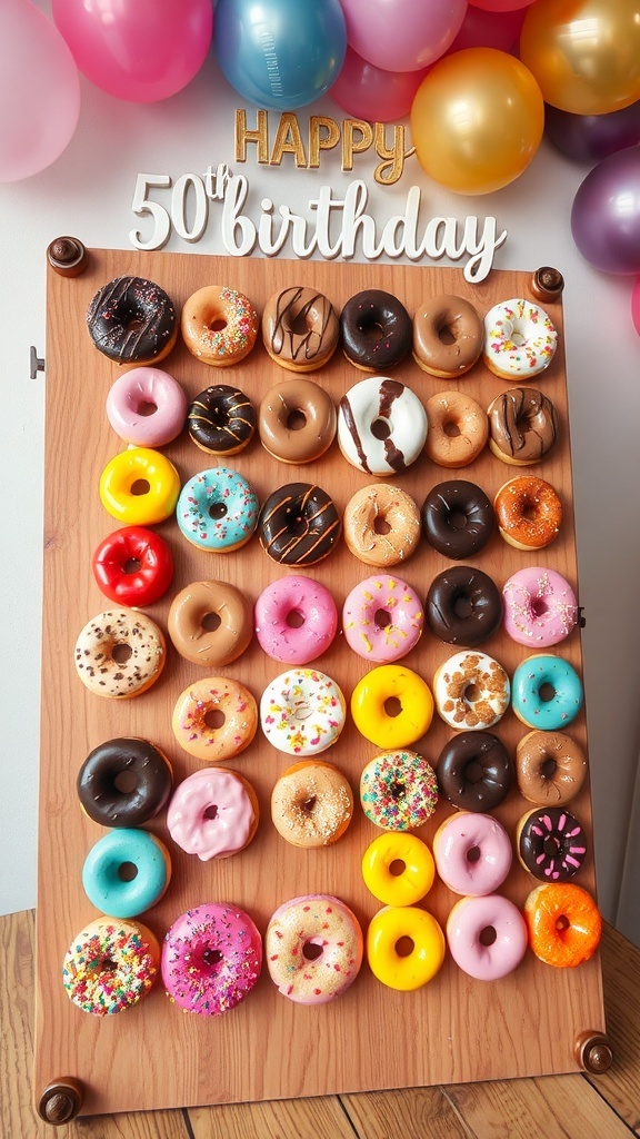 A colorful donut wall with assorted donuts for a 50th birthday celebration, decorated with balloons and a birthday sign.